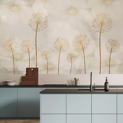 Papier peint  Pissenlits abstraits en couleur dorée sur un fond de fleurs peintes délicates