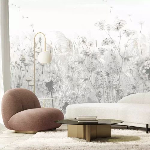 Papier peint  Fleurs des champs et pissenlits, motif botanique en nuances de gris