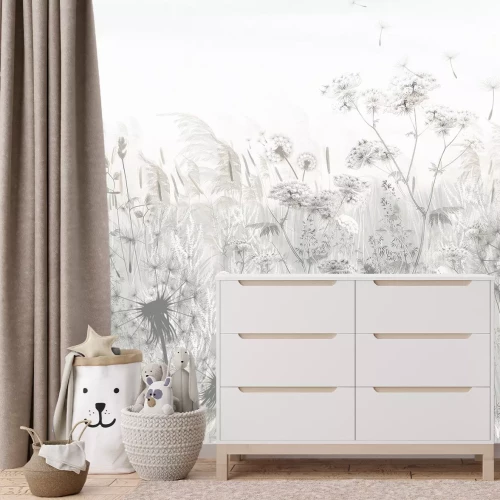 Papier peint  Fleurs des champs et pissenlits, motif botanique en nuances de gris