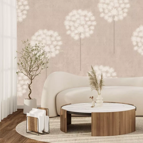 Papier peint  Pissenlits et fleurs blanches dans un motif botanique sur fond aux tons beiges