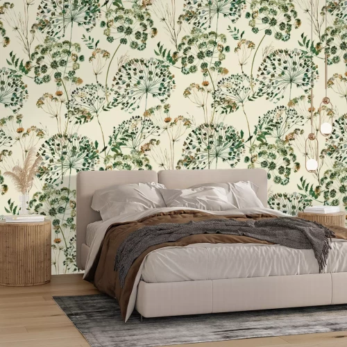 Papier peint  Pissenlits et fleurs des champs en aquarelle, motif botanique délicat sur fond clair