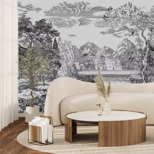Papier peint  Paysage en style croquis avec une rivière et des arbres en noir et blanc