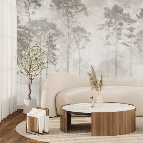 Papier peint  Paysage minimaliste avec des arbres et de subtiles montagnes en style naturel
