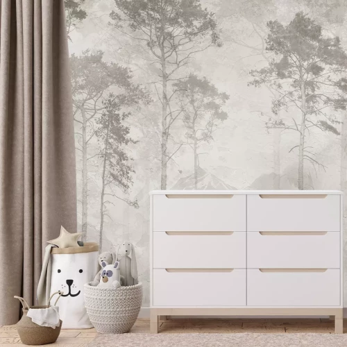 Papier peint  Paysage minimaliste avec des arbres et de subtiles montagnes en style naturel