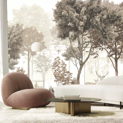 Papier peint  Motif forestier vintage avec un cerf et une biche dans un paysage naturel