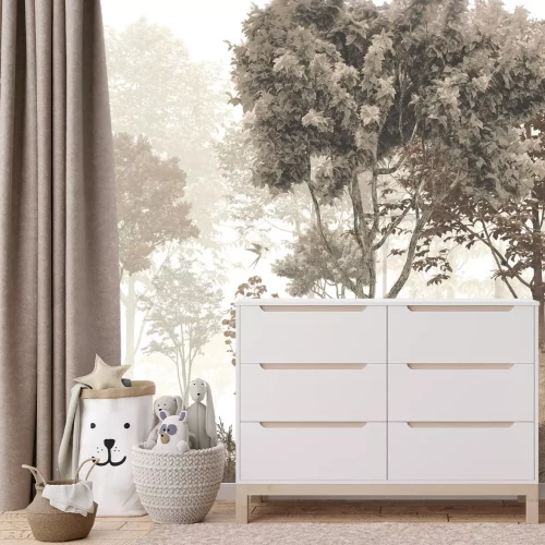 Papier peint  Motif forestier vintage avec un cerf et une biche dans un paysage naturel