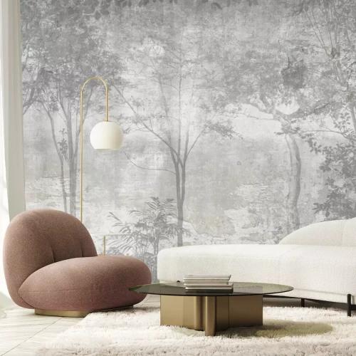 Papier peint  Forêt brumeuse, arbres gris, paysage naturel sur fond en béton