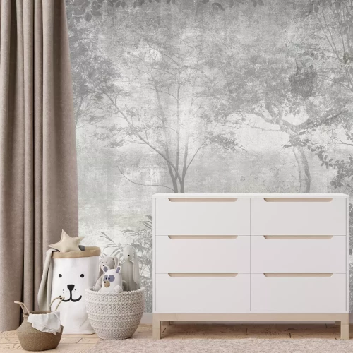 Papier peint  Forêt brumeuse, arbres gris, paysage naturel sur fond en béton