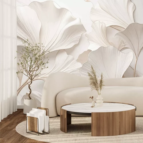 Papier peint  Feuilles de ginkgo sur fond blanc, motif élégant de style glamour