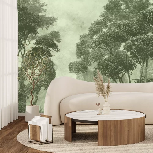 Papier peint  Forêt tropicale brumeuse en vert, paysage naturel exotique