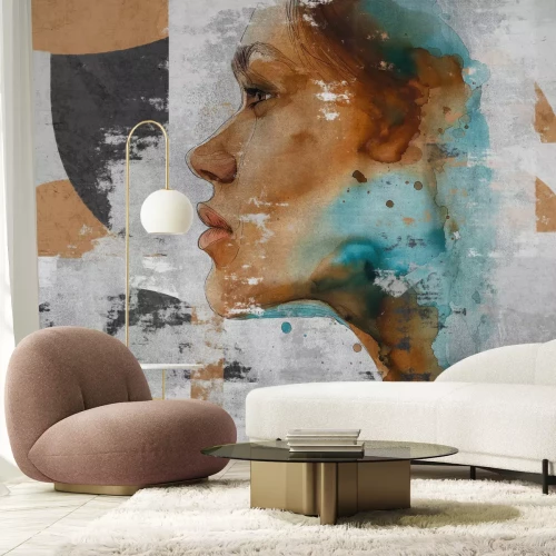 Papier peint  Portrait artistique d'une femme avec des motifs géométriques dans un style aquarelle