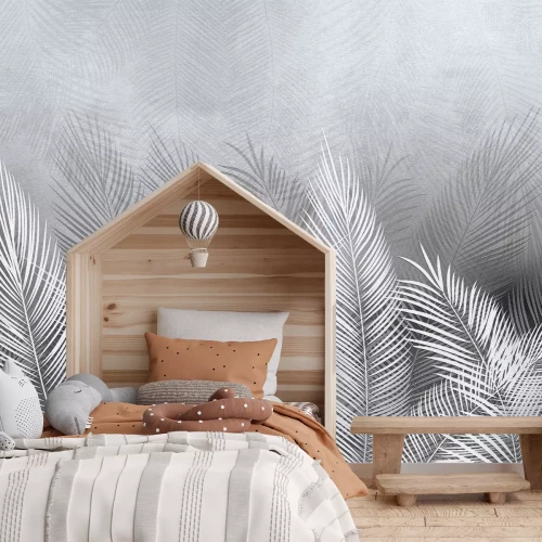 Papier peint  Feuilles de palmier tropicales en blanc et gris avec effet béton