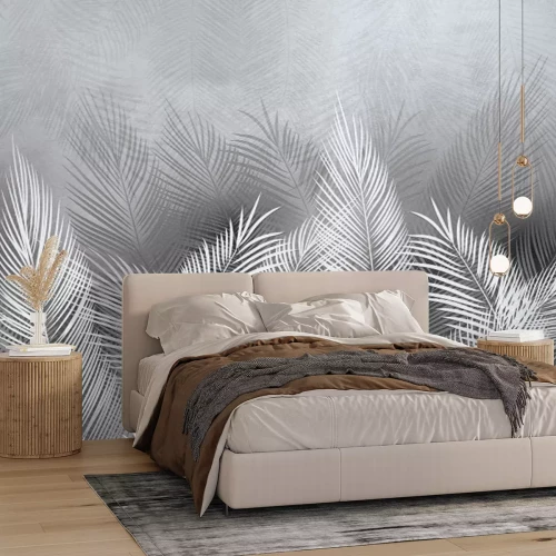 Papier peint  Feuilles de palmier tropicales en blanc et gris avec effet béton