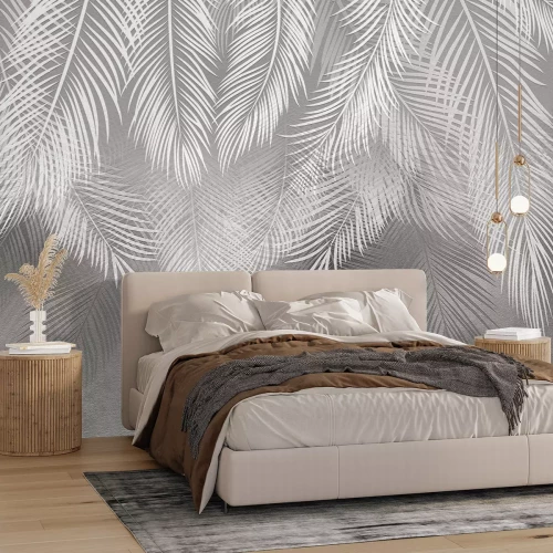 Papier peint  Feuilles de palmier tropicales en blanc et gris sur fond effet béton