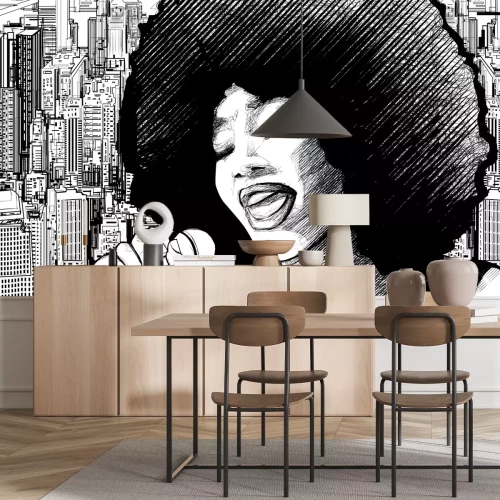 Papier peint  Femme chantant dans un environnement urbain, dessin en noir et blanc