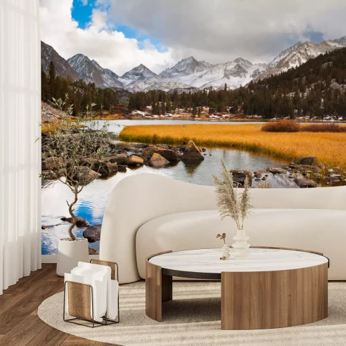 Papier peint  Paysage de montagne avec rivière et panorama montagneux