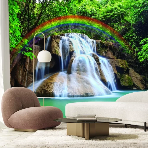 Papier peint  Arc-en-ciel sur un paysage pittoresque avec une cascade dans la forêt