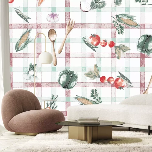Papier peint  Fruits et légumes sur fond de nappe à carreaux