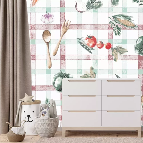 Papier peint  Fruits et légumes sur fond de nappe à carreaux