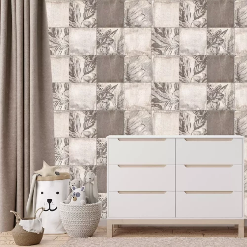 Papier peint  Carreaux carrés avec motif botanique