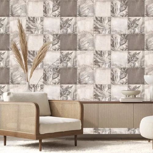 Papier peint  Carreaux carrés avec motif botanique