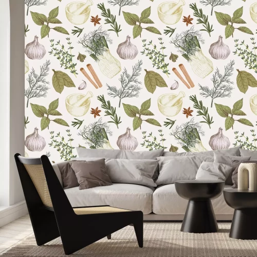 Papier peint  Motif décoratif avec des herbes et des légumes