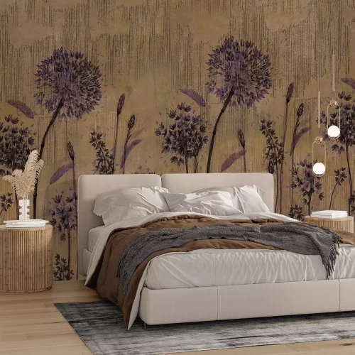 Papier peint  Fleurs de pissenlit violettes sur un mur