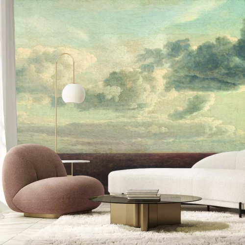 Papier peint  Prairie sauvage sur un ciel avec des nuages blancs