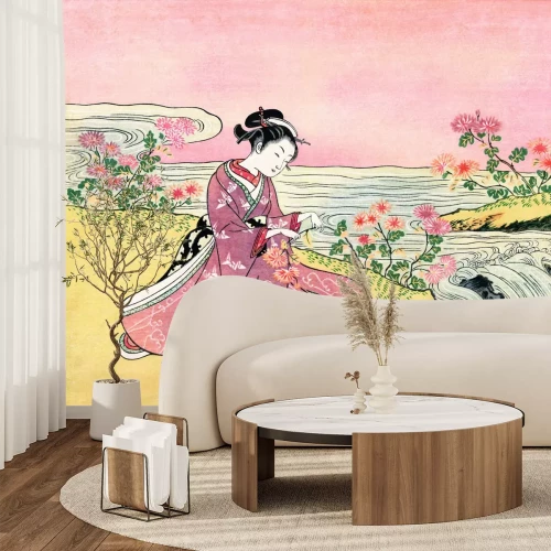 Papier peint  Femme parmi les fleurs dans le style japonais