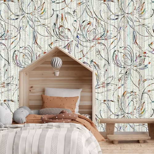 Papier peint  Croquis de fleurs sur fond de fines rayures