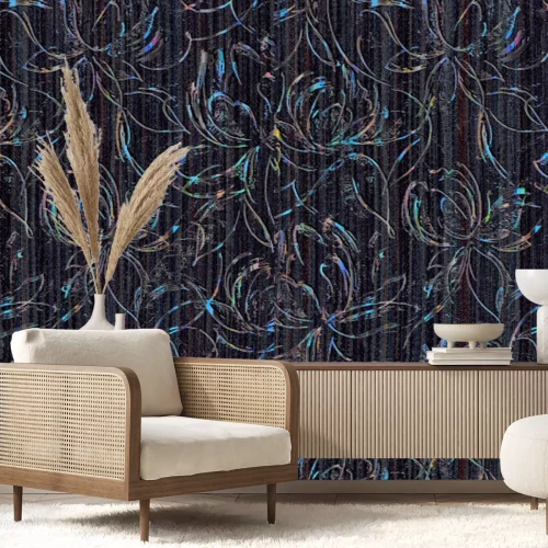 Papier peint  Croquis de fleurs sur fond de fines rayures