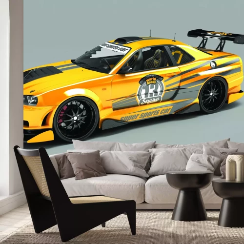 Papier peint  Voiture de sport jaune sur fond gris