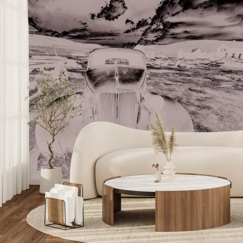 Papier peint  Photo en noir et blanc d'une épave de voiture