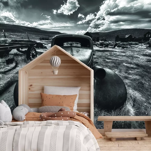 Papier peint  Photo en noir et blanc d'une épave de voiture