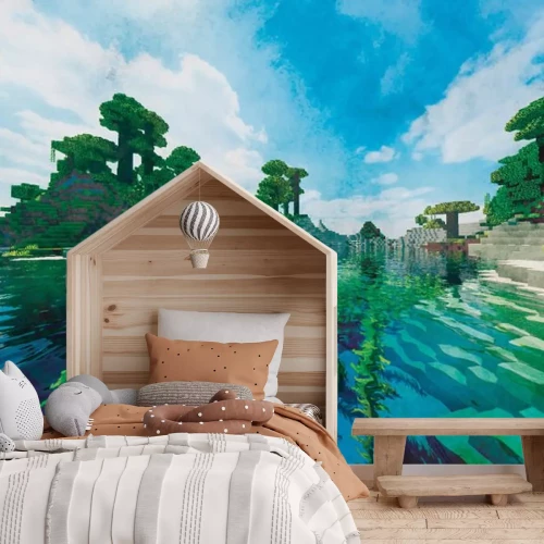 Papier peint  Paysage insulaire Minecraft en pixel art