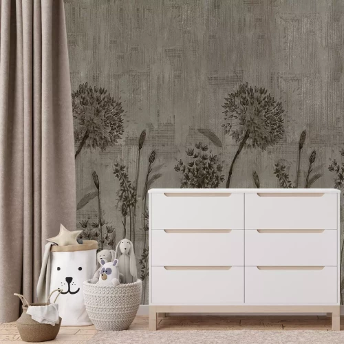 Papier peint  Pissenlits sur fond de béton gris