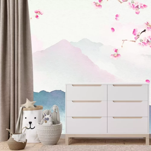 Papier peint  Aquarelle de collines avec des fleurs de cerisier