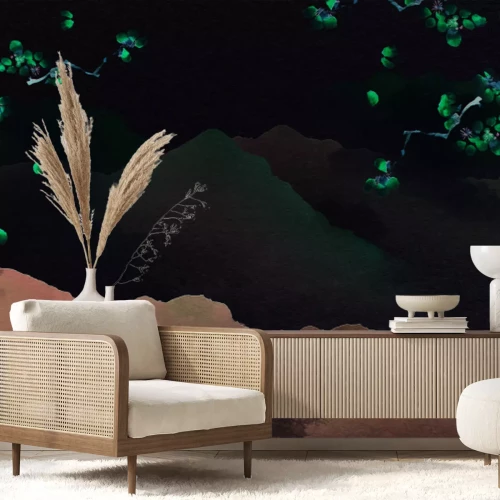 Papier peint  Aquarelle de collines avec des fleurs de cerisier