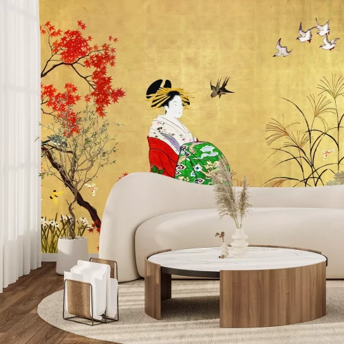 Papier peint  Jardin japonais avec une femme et des oiseaux