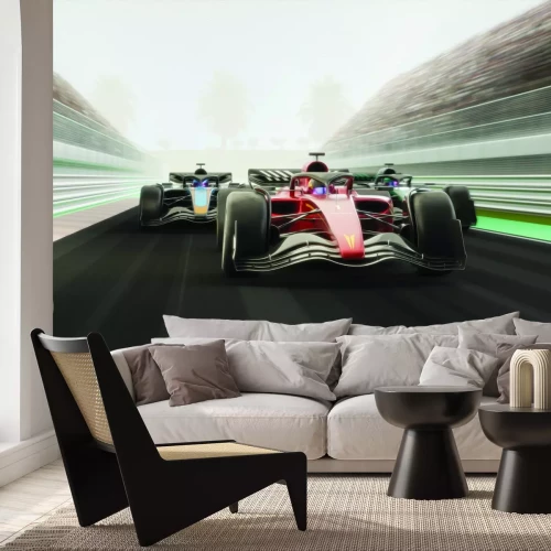 Papier peint  Voitures de course filant sur la piste avec des palmiers en arrière-plan