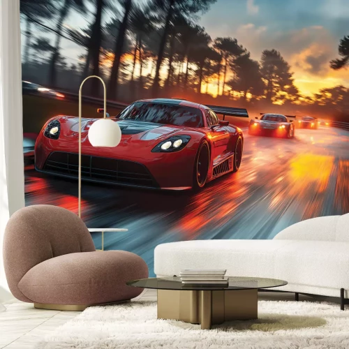Papier peint  Course dynamique de voitures de sport au coucher du soleil