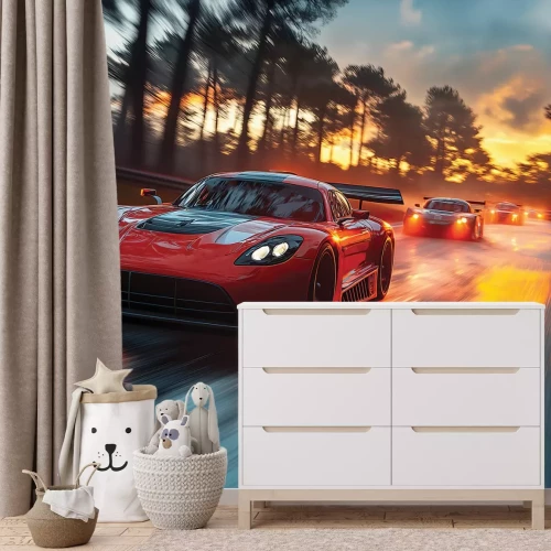 Papier peint  Course dynamique de voitures de sport au coucher du soleil