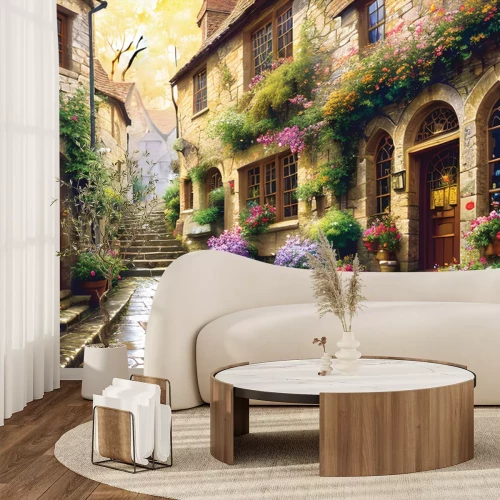 Papier peint  Ruelle avec des immeubles entourés de fleurs