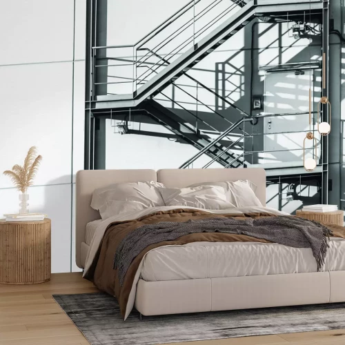 Papier peint  Escalier métallique extérieur sur un mur blanc