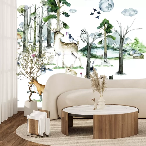 Papier peint  Scène forestière avec des animaux sauvages