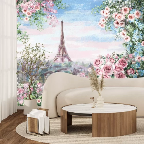 Papier peint  Vue sur le paysage de Paris depuis un balcon rempli de fleurs