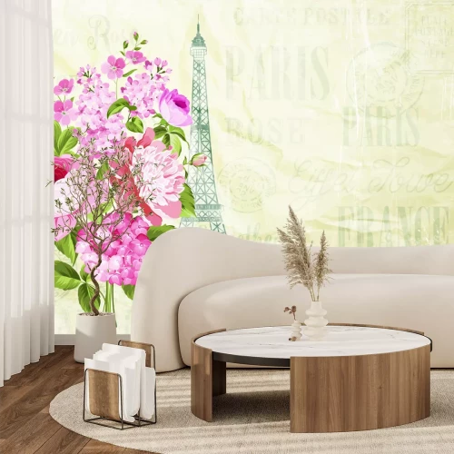 Papier peint  Bouquet de fleurs avec la Tour Eiffel et des inscriptions en arrière-plan