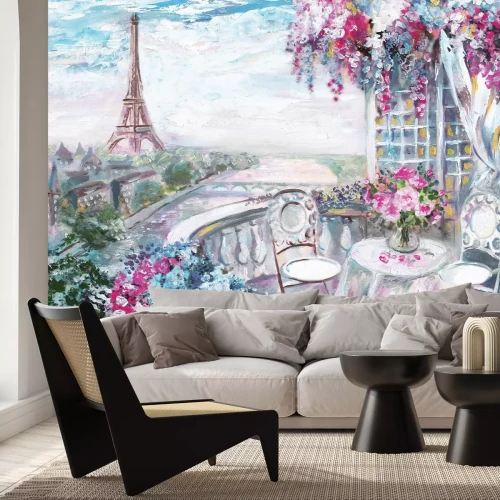Papier peint  Terrasse pittoresque pleine de fleurs avec Paris en arrière-plan
