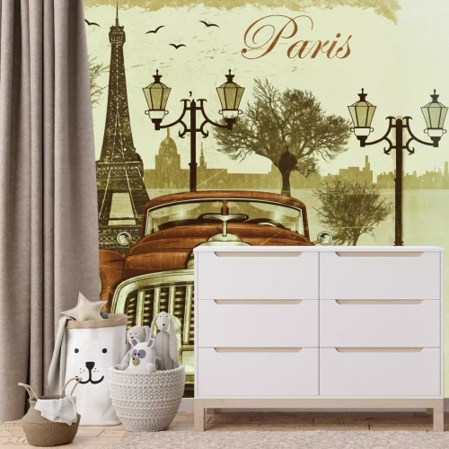 Papier peint  Voiture de style rétro avec Paris en arrière-plan