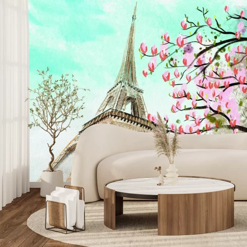 Papier peint  Fleur de cerisier peinte avec la tour Eiffel en arrière-plan